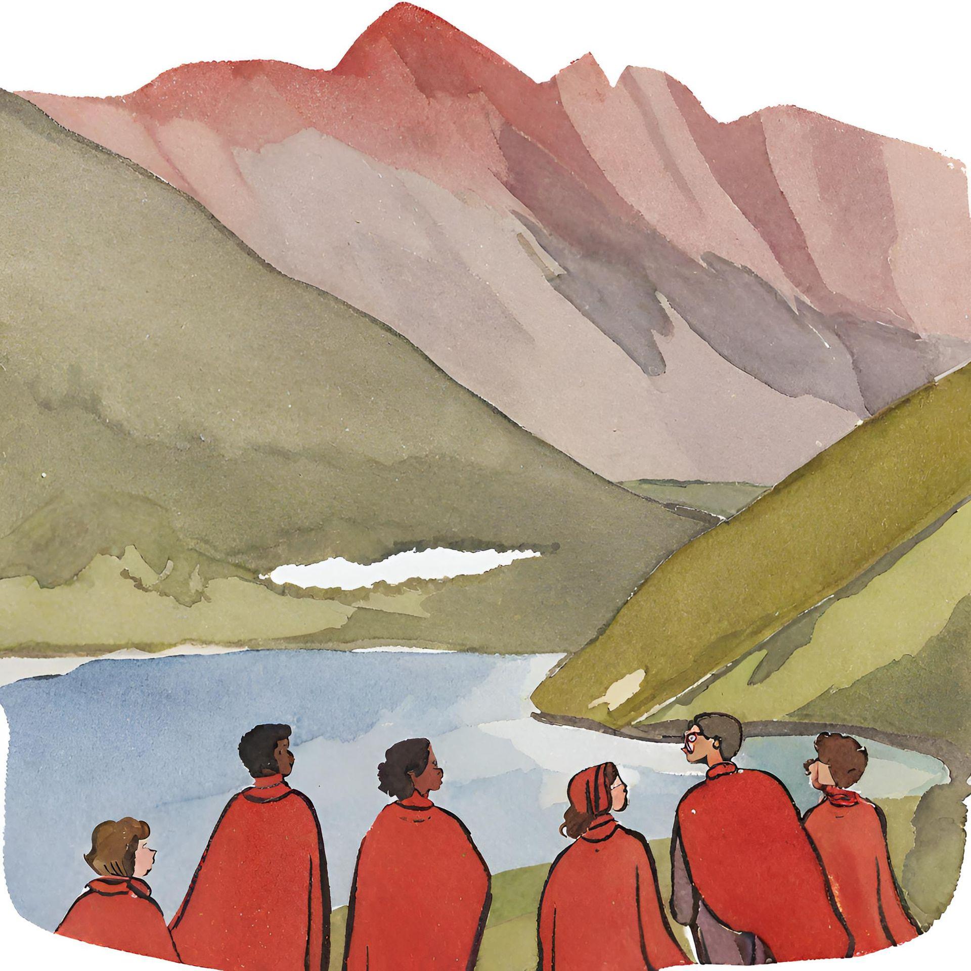 Group of people wearing red cloaks standing by a lake, surrounded by green hills and mountains.